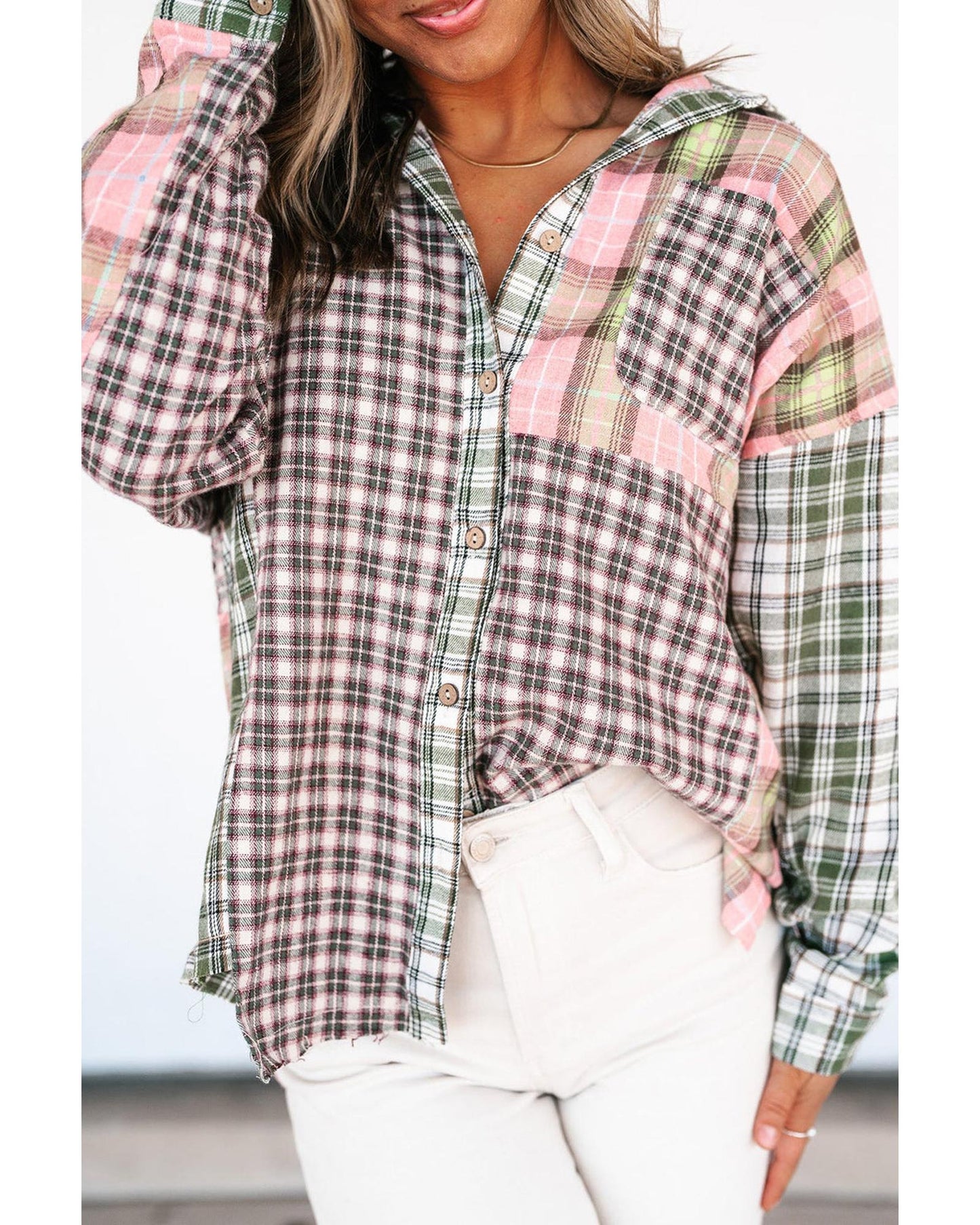 Azura Exchange Plaid Patchwork High Low Oversized Shirt - M