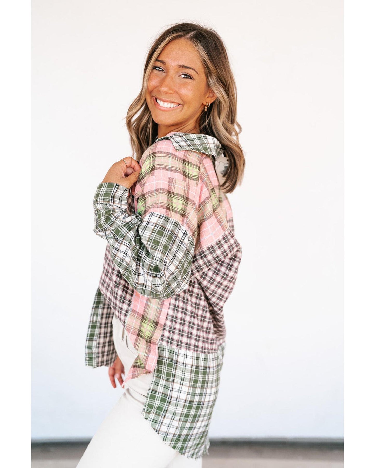 Azura Exchange Plaid Patchwork High Low Oversized Shirt - M