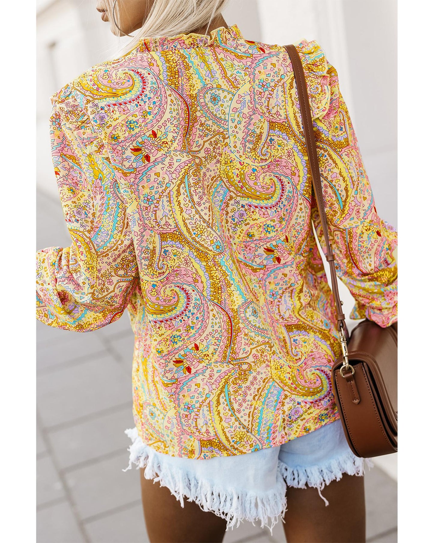 Azura Exchange Paisley Print Ruffled Trim Boho Shirt - S