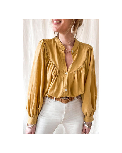 Azura Exchange Pleated Yellow Puff Sleeve Loose Shirt - L