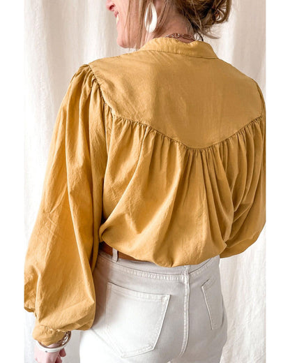 Azura Exchange Pleated Yellow Puff Sleeve Loose Shirt - L