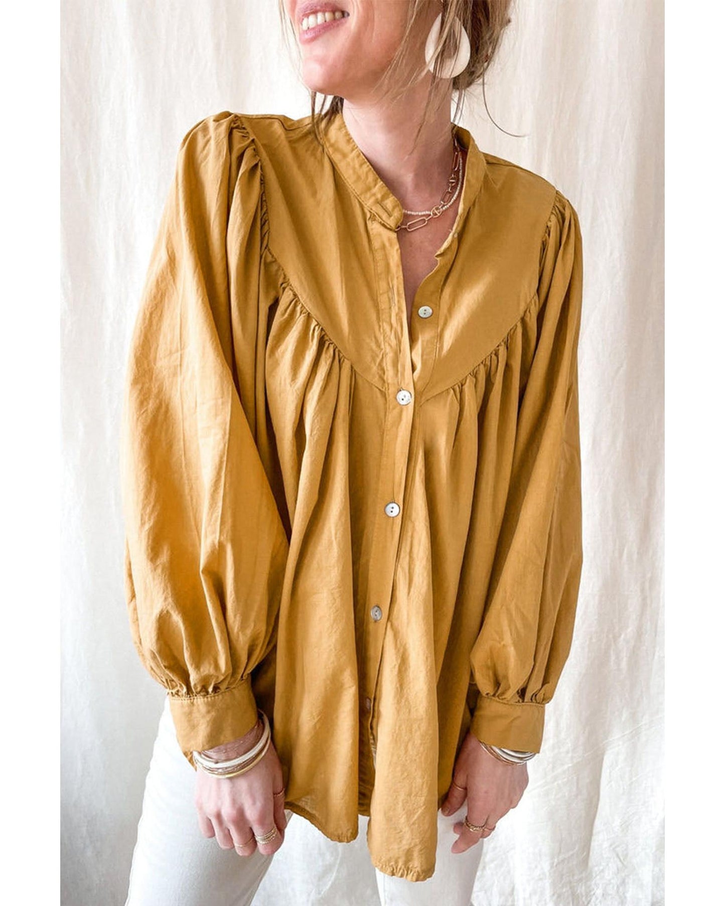 Azura Exchange Pleated Yellow Puff Sleeve Loose Shirt - L