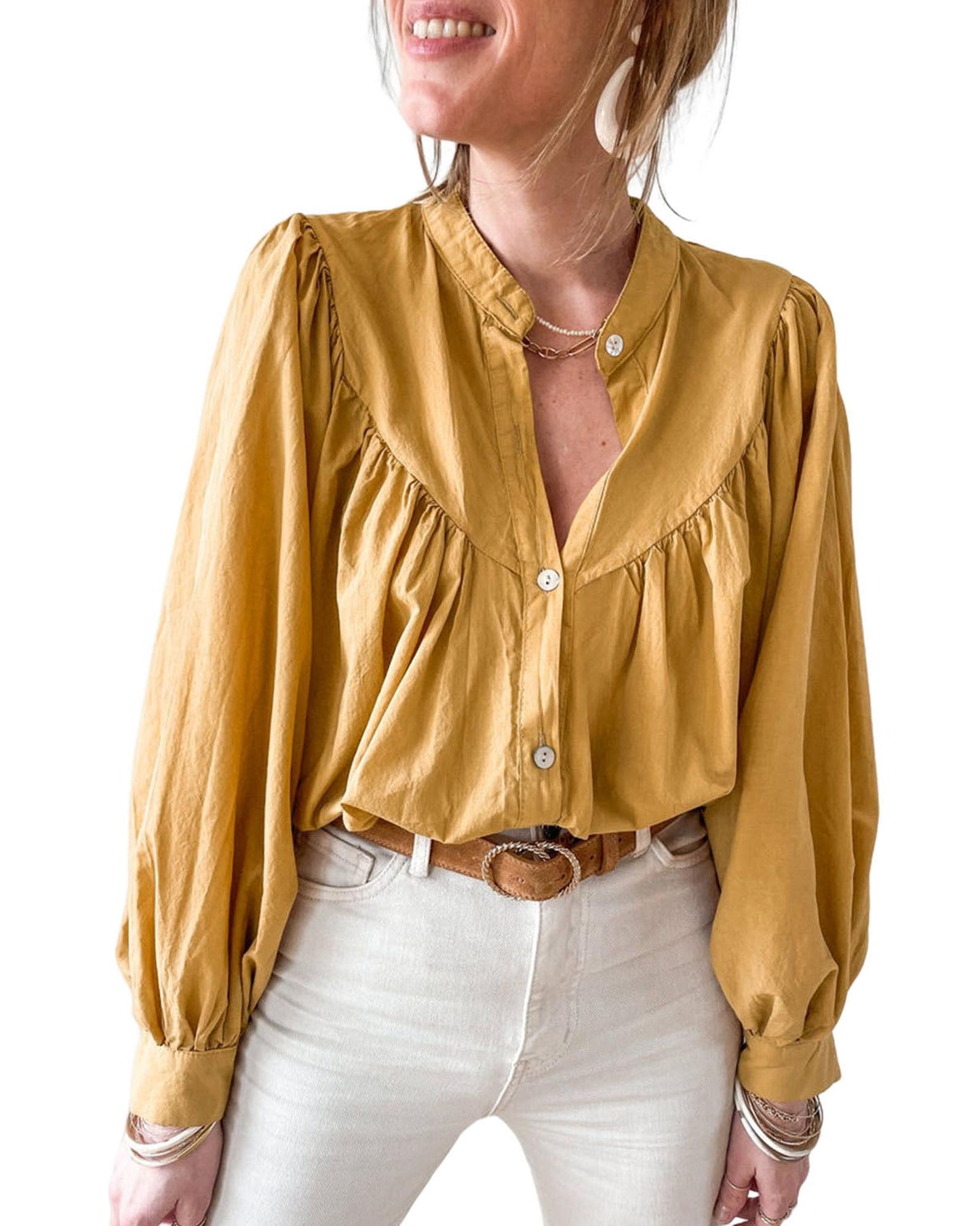 Azura Exchange Pleated Yellow Puff Sleeve Loose Shirt - L