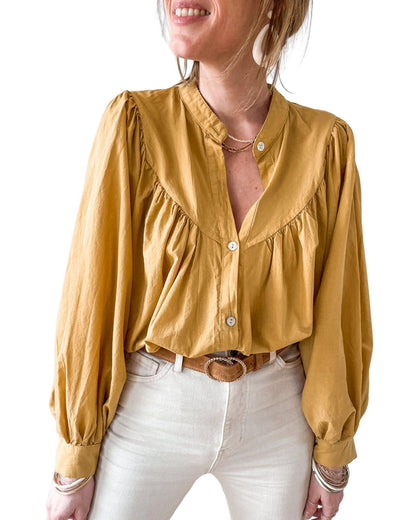 Azura Exchange Pleated Yellow Puff Sleeve Loose Shirt - XL