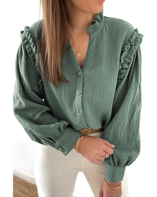 Azura Exchange Frilled Split Neck Crinkled Shirt - M