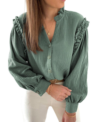 Azura Exchange Frilled Split Neck Crinkled Shirt - S