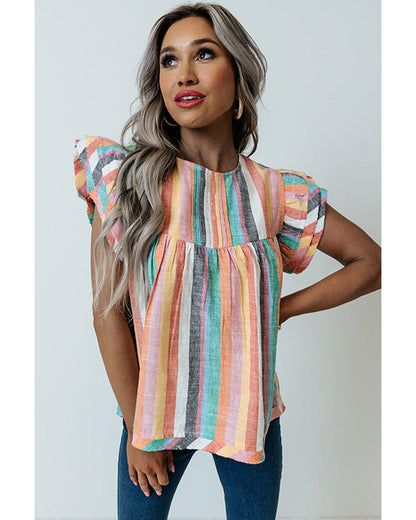 Azura Exchange Striped Tiered Ruffle Cap Sleeve Top - S