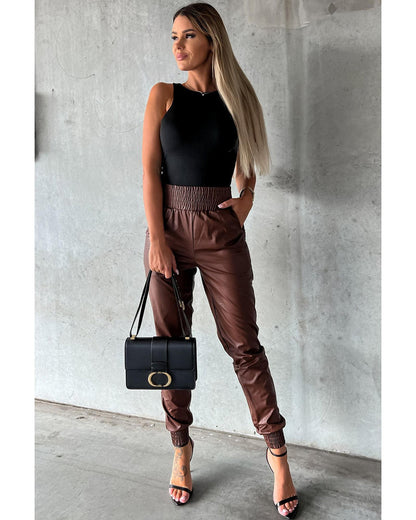 Azura Exchange Smocked High-Waist Leather Skinny Pants - L