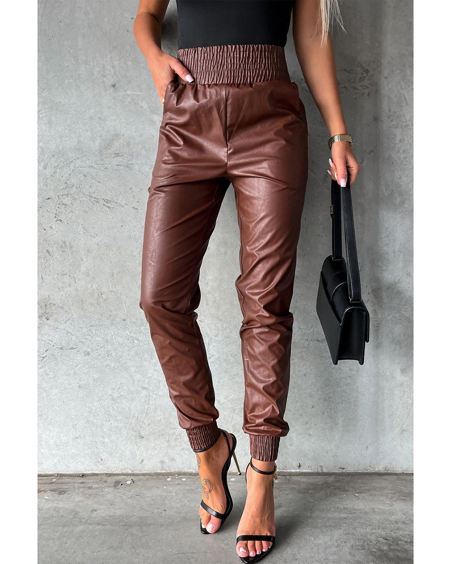 Azura Exchange Smocked High-Waist Leather Skinny Pants - M