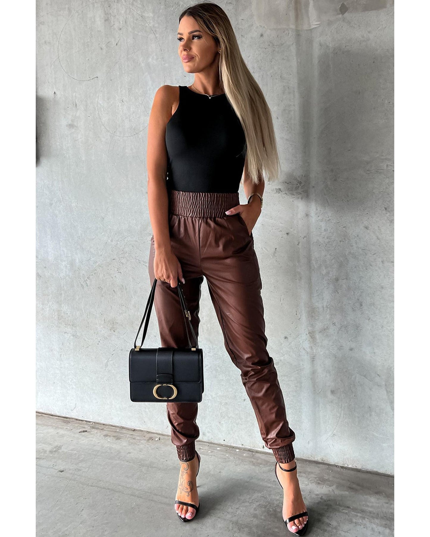 Azura Exchange Smocked High-Waist Leather Skinny Pants - M