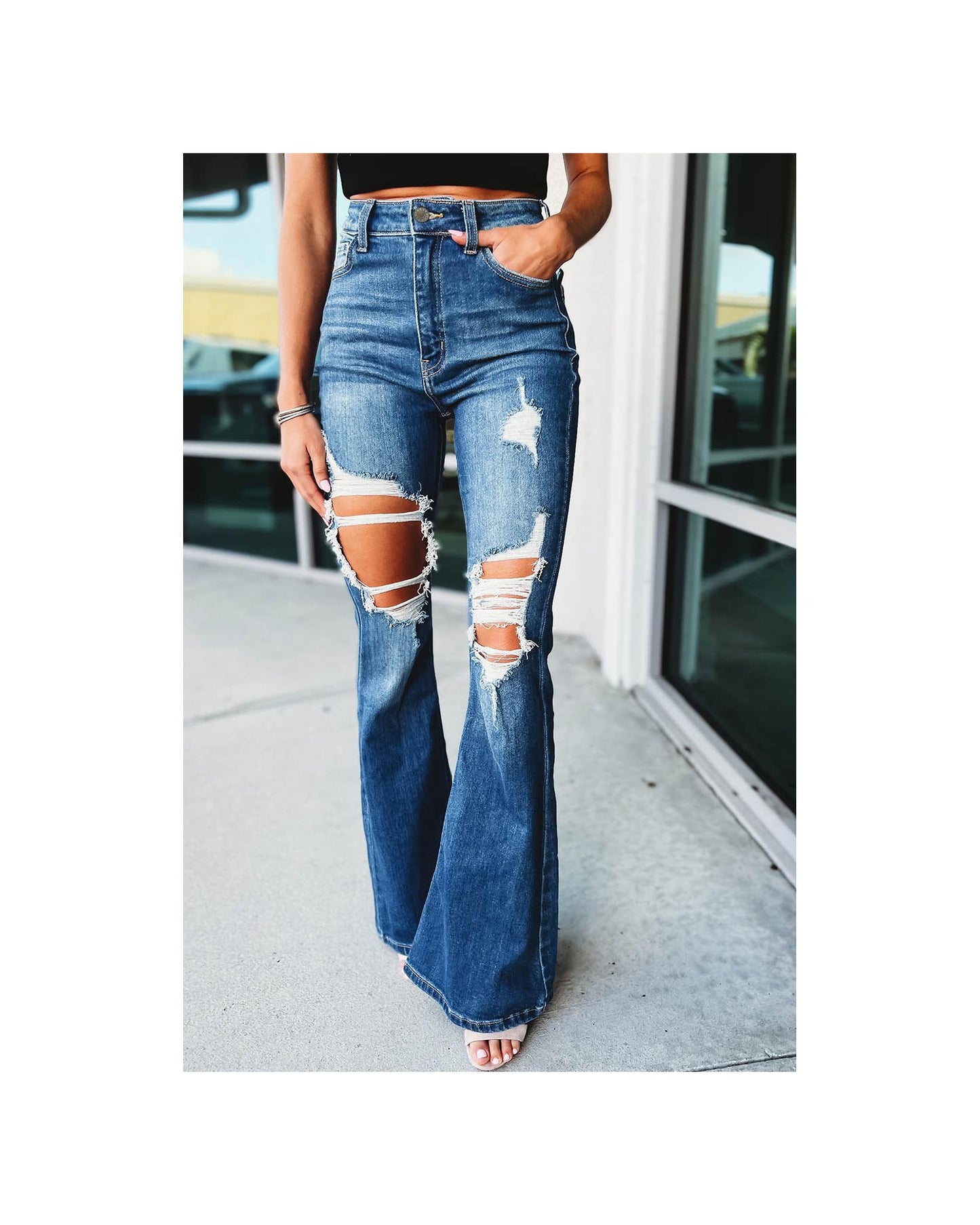 Azura Exchange Distressed Cutout Flare Leg Jeans - 12 US