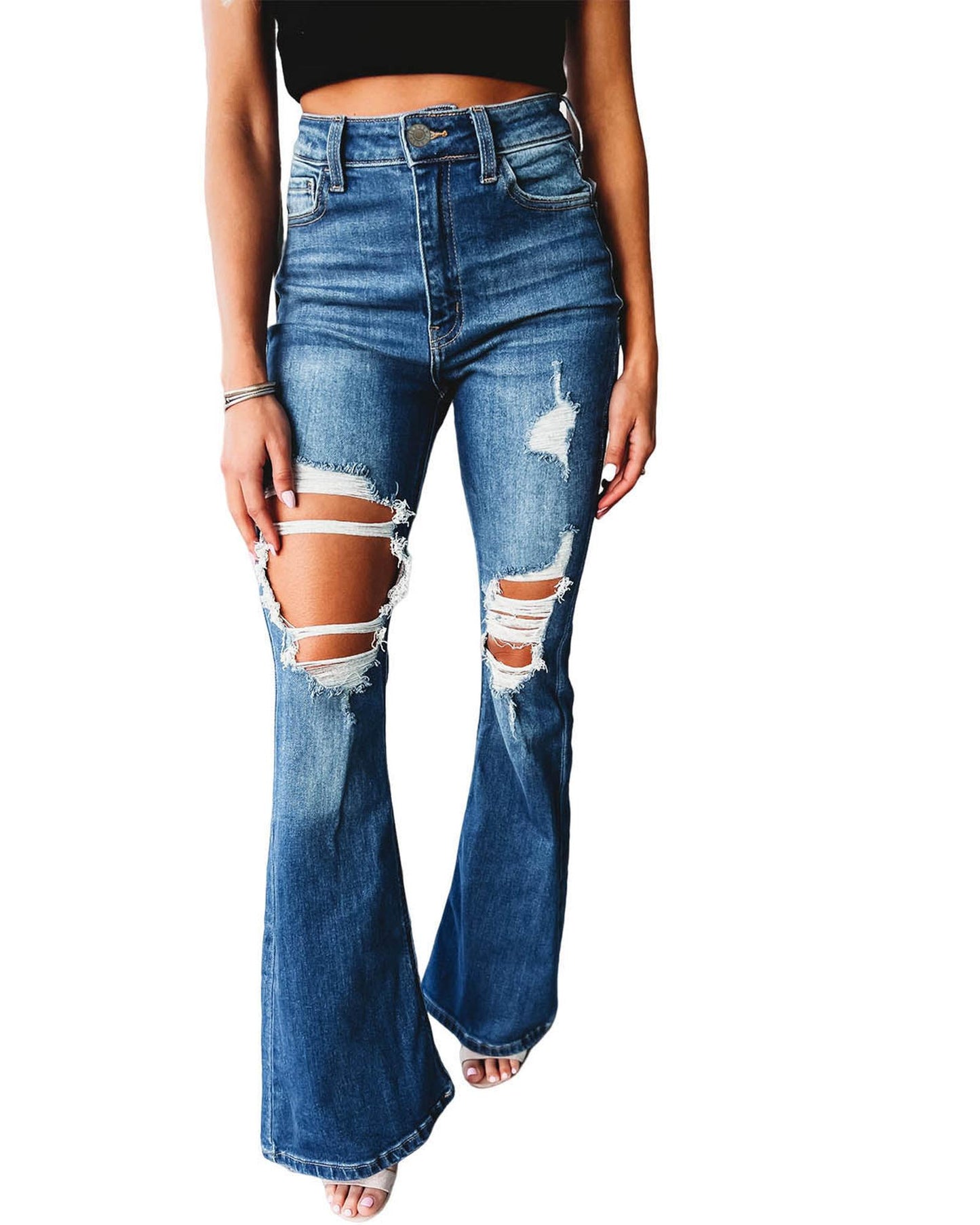 Azura Exchange Distressed Cutout Flare Leg Jeans - 14 US