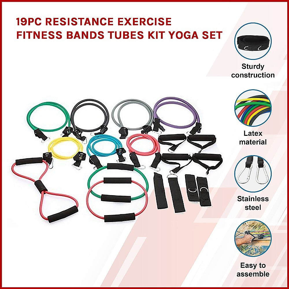 19PC Resistance Exercise Fitness Bands Tubes Kit Yoga Set