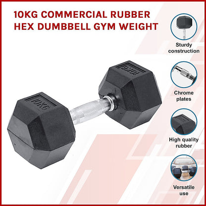 10KG Commercial Rubber Hex Dumbbell Gym Weight