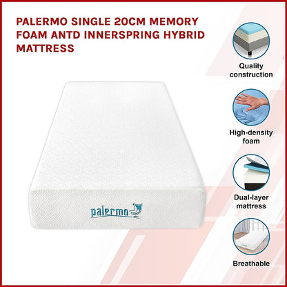 Palermo Single 25cm Gel Memory Foam Mattress - Dual-Layered - CertiPUR-US Certified