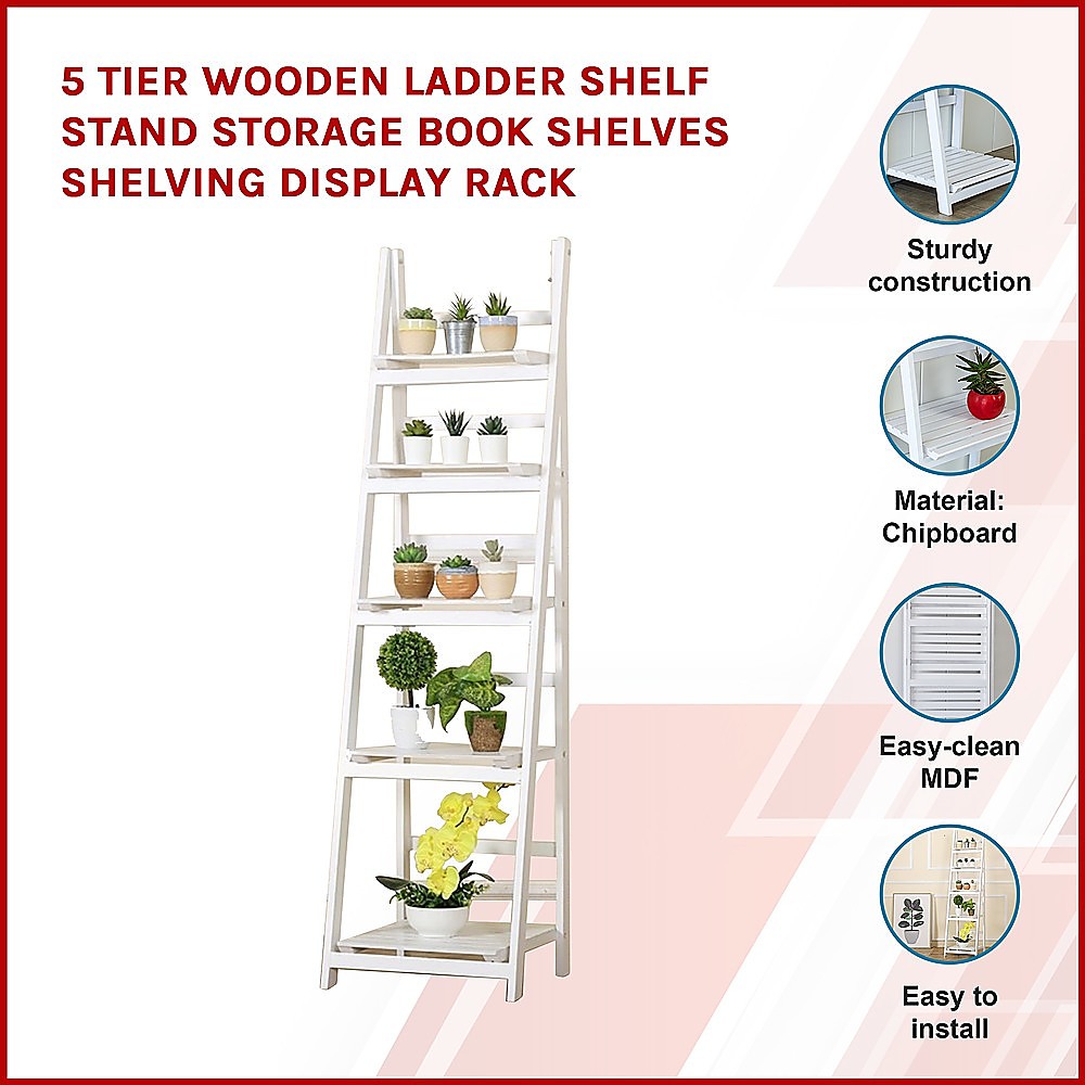 5 Tier Wooden Ladder Shelf Stand Storage Book Shelves Shelving Display Rack