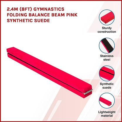 2.4m (8FT) Gymnastics Folding Balance Beam Pink Synthetic Suede