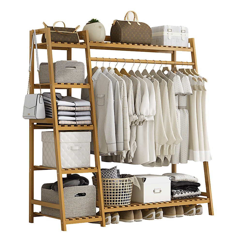 Portable Clothes Rack Coat Garment Stand Bamboo Rail Hanger Airer Closet