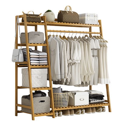 Portable Clothes Rack Coat Garment Stand Bamboo Rail Hanger Airer Closet