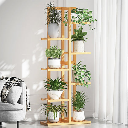 6 Tiers Vertical Bamboo Plant Stand Staged Flower Shelf Rack Outdoor Garden