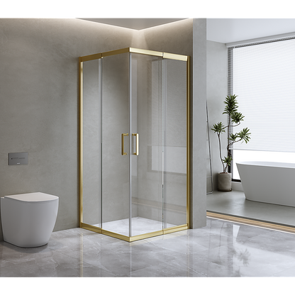 Adjustable 900x900mm Double Sliding Door Glass Shower Screen in Gold