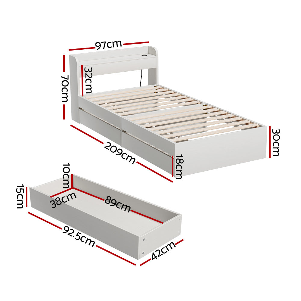 Artiss Bed Frame Single Size Mattress Base wtih Charging Ports 2 Storage Drawers