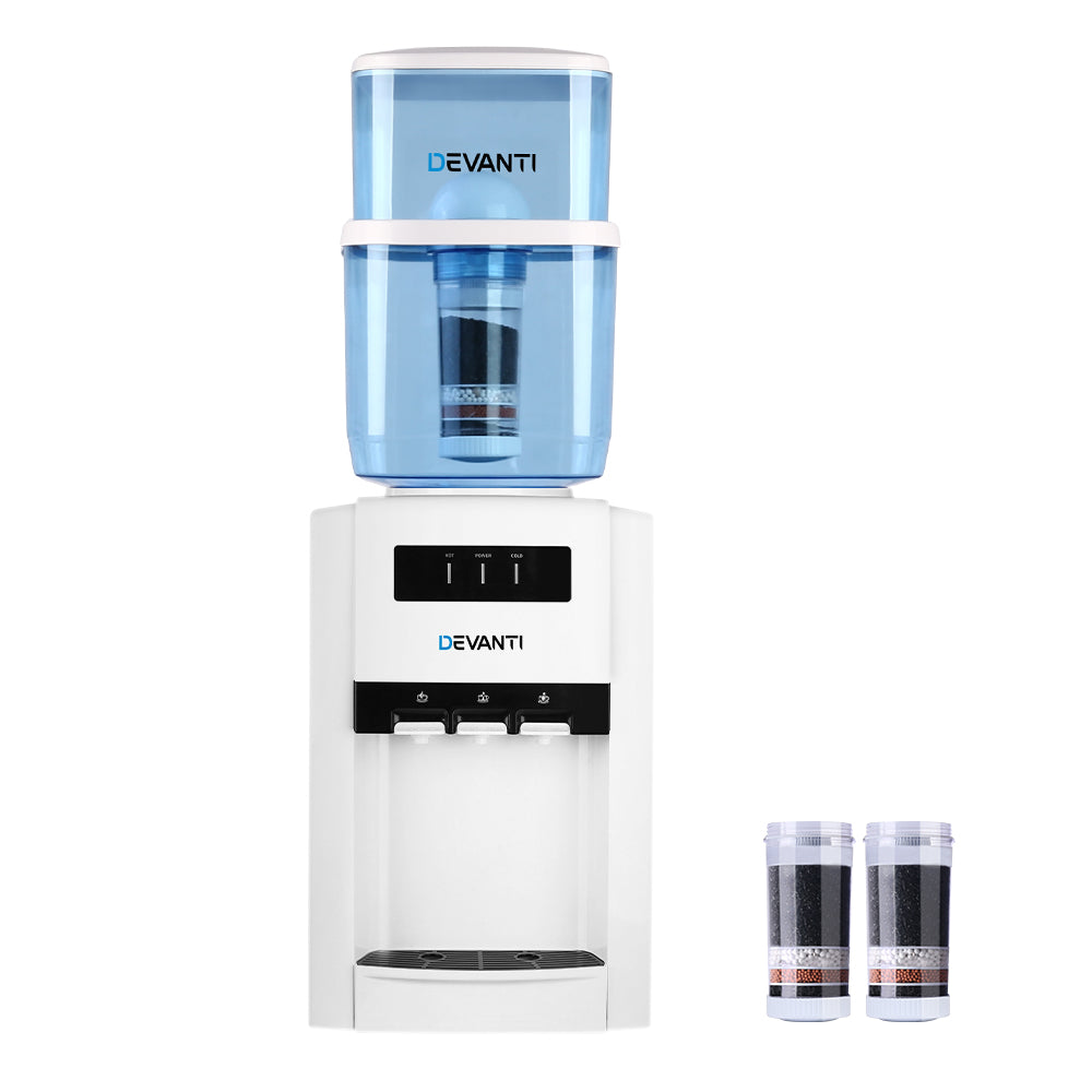 Devanti 22L Bench Top Water Cooler Dispenser Purifier Hot Cold Three Tap with 2 Replacement Filters